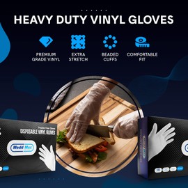 MEDD MAX Disposable Vinyl Gloves Powder Free Non Latex Allergy Free, Clear Multi-Purpose Heavy Duty Super Strength Plastic Rubber Vynil Cleaning Gloves, X-Large (Pack of 100)
