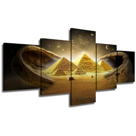 Egytain Pyramid Pictures Ancient Egypt Artwork Multi Panel Prints Wall Art on Canvas Abstract Starry Sky Paintings for Living Room Giclee Modern House Decor Framed Stretched Ready to Hang(50''Wx24''H)
