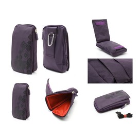 DFV mobile - Multi-functional vertical stripes nylon pouch bag case zipper closing carabiner for Newman K18 - PURPLE (16 x 9.5 cm)