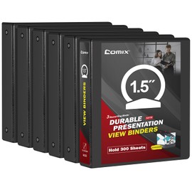 COMIX Sturdy 3 Ring Binder 1.5 inch with Clear View Cover, 1-1/2" Round Ring View Binder, PVC-Free, 300 Sheets Capacity of US Letter Size Paper, Office ＆ School Supplies, 6 Pack (Black)