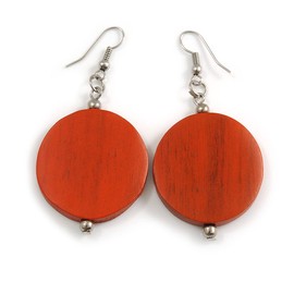 30mm Antique Orange Painted Wood Coin Drop Earrings - 60mm L