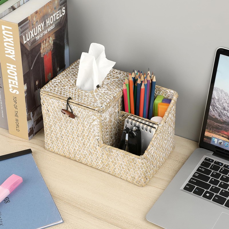 BTSKY Household Seagrass Facial Tissue Box With Two Side Storage