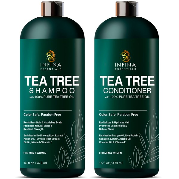 INFINA ESSENTIALS Tea Tree Oil Shampoo and Conditioner Set - Enriched with Biotin, Ginseng & Argan Oil - Deep Cleanse, Strengthen & Boost Shine - Soft, Lustrous Hair For Men & Women - 16 fl oz Each