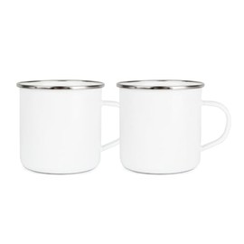 Set of 2 Enamel Mugs - Camping Gift Durable Hot Drinks White Outdoor Cup with Silver Rim - Travel Picnics Home Hiking