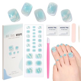 XEAOHESY 26pcs Semi Cured Gel Toe Nail Strips, Pedicure Nail Strips, Toe Nail Stickers, Needs to Be Cured, Come With Nail File, Wood Cuticle Stick, Prep Pads, Plastic Press Stick（Cyan+Moon Star）