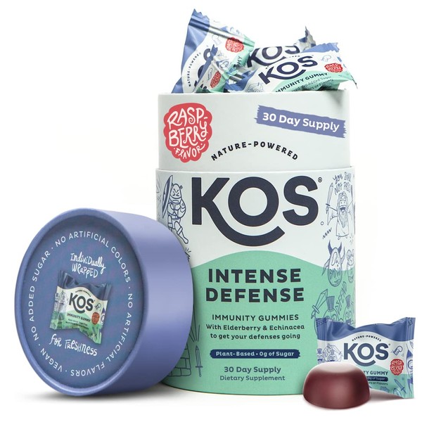 KOS Immune Support Gummies - Sugar Free Elderberry Gummies with Vitamin C & Zinc, Vitamin D, Vitamin B6 & B12 for Men, Women & Kids - Individually Wrapped Chewable Multivitamins - 30 Day Supply