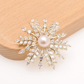 10 MM Freshwater Pearl Cubic Zirconia Crystal Snowflake Brooch for Women, 18K Yellow Gold Plating