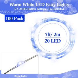 Hortsun 100 Pack Fairy Lights Battery Operated 3 Speed Modes, 7 Ft/ 2 M 20 LED Battery String Mini Waterproof Wire Twinkle Lights Party Favors for Wedding Birthday Vases Flower Decor(Blue Light)
