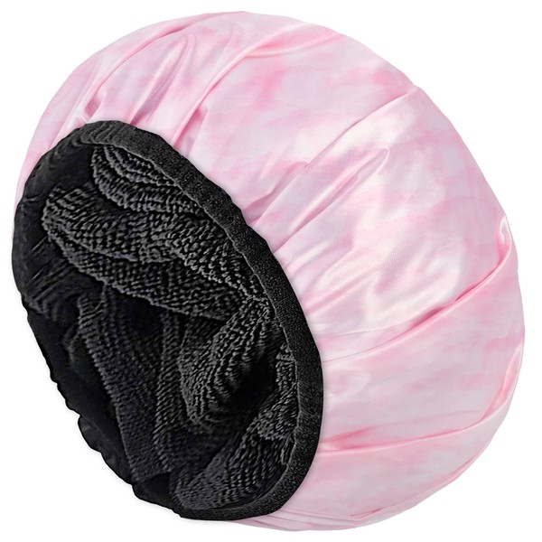 Aquior Shower Cap, Extra Large Triple Layer Swim Cap with Dry Hair for Women Microfiber Terry Cloth Silky Satin 100% Waterproof Reusable Long Hair Bath Caps (Pink Cloud)