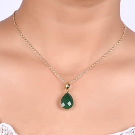 Gempires Green Jade Pear Shaped Teardrop Crystal Necklace, Bezel Pendant Necklace, Natural Gemstone Drop Necklace, Everyday Wear, Gift for Wife, Adjustable Length 16 + 2 inch