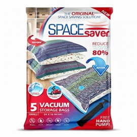 SpaceSaver Premium Vacuum Storage Bags. 80% More Storage. Hand-Pump for Travel. Double-Zip Seal and Triple Seal Turbo-Valve for Max Space Saving.