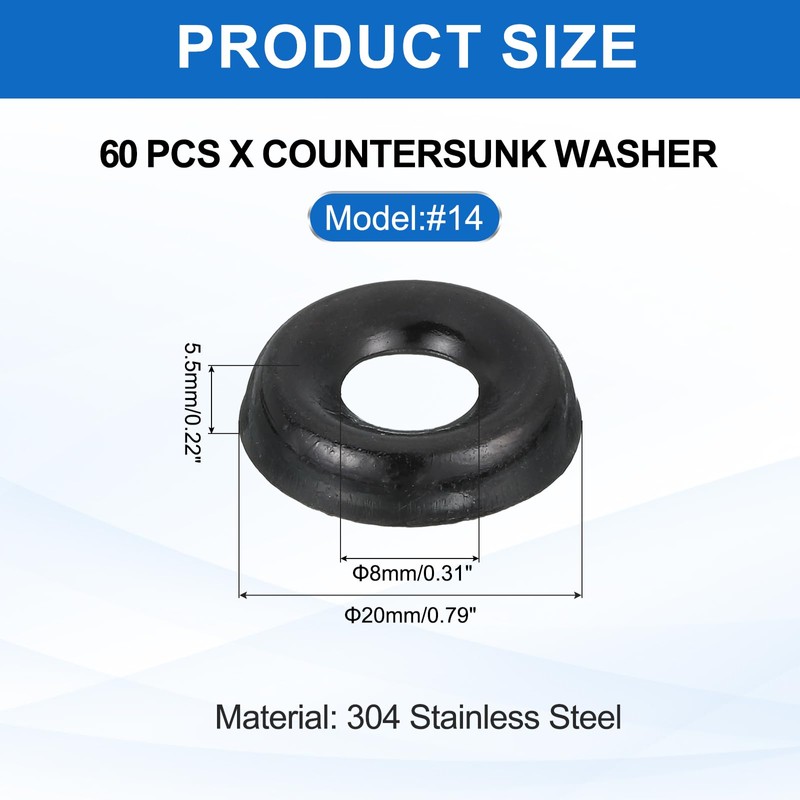 MECCANIXITY 60 Pcs #14 Countersunk Finish Washers, 304 Stainless Steel