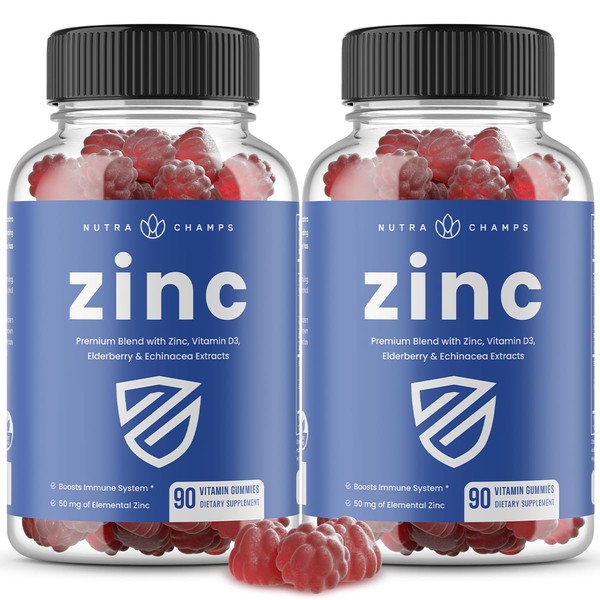 Zinc Gummies | 4-in-1 Zinc Gummies Adult | Zinc Chewable 50mg | Chewable Zinc Supplement Gummies with Vitamin D3 2000 IU, Elderberry & Echinacea | Immune, Heart & Brain Support | 180 Count (2 Pack)