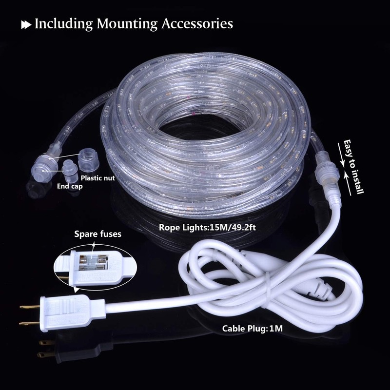 ollrieu 50ft 360 LED Rope Lights, 110V Warm White 3000K,
