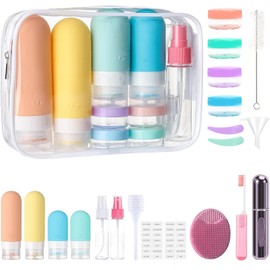 Kit de Viaje de Aseo Personal, Set de 20 Piezas, Botellas Aprobadas por Aeropuerto para Loción, Champú, Acondicionador y Gel Ducha, a Prueba Fugas, Colores Variados