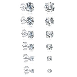 JDGEMSTONE Stainless Steel Silver Stud Earring for Women, 6Pairs Men's Diamond Stud Earrings, Surgical Steel Hypoallergenice Earrings, Titanium Silver Earrings Set, Cubic Zirconia Stud Earrings