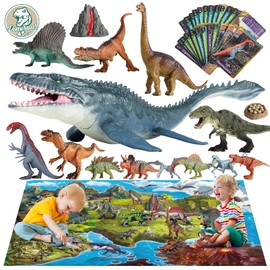 Oriate Dinosaur Toys w/Large Play Mat, Realistic Mosasaurus Figure Playset for Kids Toys 3-5 5-7 Including T-Rex, Spinosaurus, Carnotaurus, 45 Pieces Great Gifts for Boy & Girl to Create a Dino World