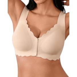 SHARICCA Women's Front Closure Bra - Without Underwire, V Neck, Wavy Edges, Push Up Bras, Soft, Comfortable, Seamless Bralette, Skin-1p02, M
