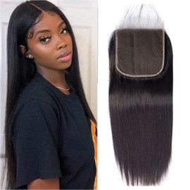 Brasilianische Haarverlängerung, 4 x 4, Lace-Closure, glattes Naturhaar, Schweizer Spitze, Echthaar, Schwarz, Haarverlängerung, 25,4 cm (Straight)