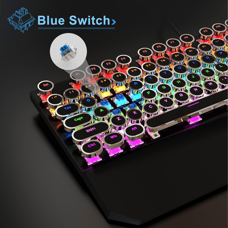 MageGee Typewriter Mechanical Gaming Keyboard, Retro Black Punk Round Keycaps