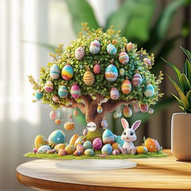 1 Pcs Easter Decor Egg Tree Ornaments 2D Acrylic Desktop Ornament Cartoon Cute Egg Bunny Designs Decoration Gift Colorful Flat Ornament for Easter Party Home Living Room Desktop Decor