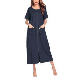 Ekouaer Women Robes Zipper Front Short Sleeve Housecoat Full Length Loungewear with Pockets Navy Blue,S