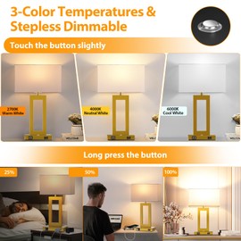 Kondras 3 Color Temperatures Touch Control Table Lamps Set of 2, Stepless Dimmable Bedside Lamps with 2 USB Ports&AC Outlet, Modern Nightstand Lamps for Bedroom Living Room, Bulbs Included, Gold&White
