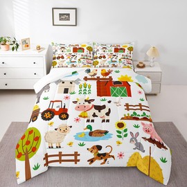 Cartoon Tractor Comforter Set Full Size, Cute Farm Animals Comforter Kids Toddler Farmhouse Bedding Set Cute Farm Animals Duvet Set Microfiber Bed Set