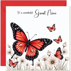 Beautiful Great Niece Birthday Card Red Butterfly & White Flower Design - With Red Envelope - Cute Birthday Cards for Great Niece