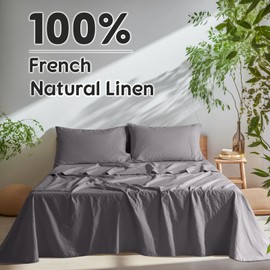 SONORO KATE 100% French Pure Linen Sheets, Breathable and Durable Line Full Size Sheets, Anti-Tear Line Bed Sheets, Machine Washable, 16 Inch Deep Pocket - 4 Piece (Dark Grey, Full)