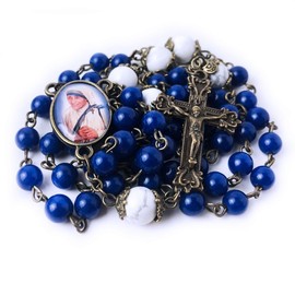 Mother Teresa Catholic Rosary, Blue Jade and White Howlite Stone Beads