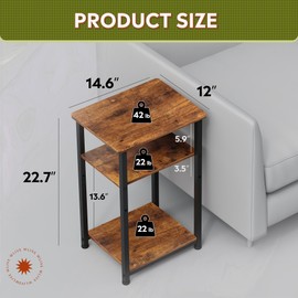 WLIVE End Tables Living Room, 3-Tier Side Tables Bedroom, Narrow Side Table for Couch, Rustic Brown