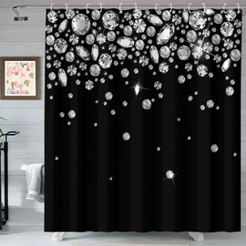 GardEssere Unique 3D Printing Jewelry Falling Diamonds Shower Curtain for Bathroom Black Bath Curtain with 12 Hooks Waterproof Polyester Curtains Festival Gift 183X183 CM
