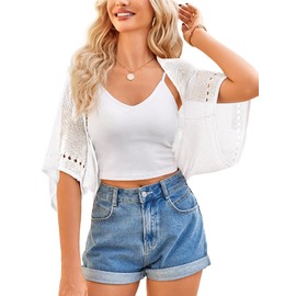 BB&KK Womens Crochet Shrug Summer Cardigan Lightweight Sweaters Batwing Sleeve Open Front Cropped Knit Bolero Shrug Hollow-Out Outwear White XL