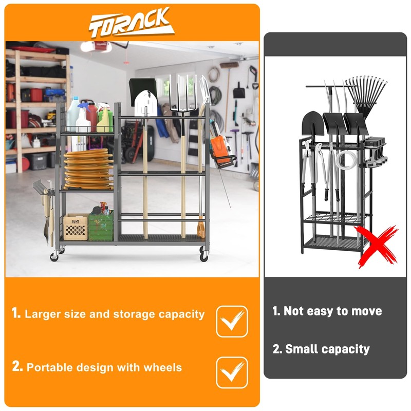 TORACK Garden Tool Organizer with Wheels, Rakes Shovels Yard Tools