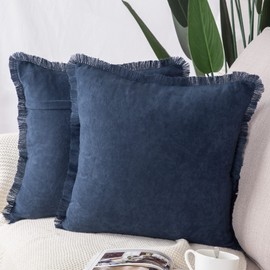 MADIZZ Set of 2 Suede Throw Pillow Covers with Fringe Tassels 26x26 Inch Dark Blue Soft Decorative Cushion Cover for Sofa Bedroom Pillow Shell
