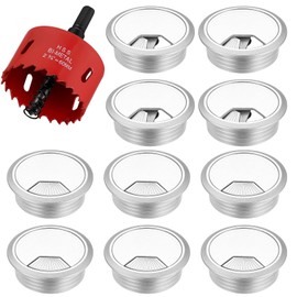 10-Pack Cable Grommet Desk, Cable Pass-Through, 60mm Plastic Cable Cover with 1 x Hole Saw, Cable Outlet Round Table Grommet for Office Worktops Desk (silver)