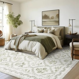 Sage Green Rugs 8x10 for Living Room Boho Washable Rugs Large Floral Floor Covering for Bedroom, 8 x 10 Soft Green Dining Room, Non Slip Farmhouse Floor Carpet for Kids Playroom Dorm