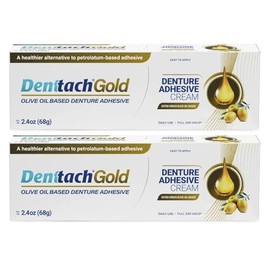 Denttach Gold Denture Adhesive, Petroleum Free Olive Oil Based Premium Denture Adhesive Cream for Full and Partial Dentures, All Day Secure Hold Denture Glue, Zinc Free, 2.4 Ounce (Pack of 2)