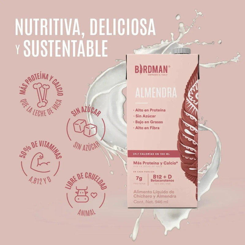 Birdman Bebida Vegetal Proteína Calcio Base Chicaro Sabor Almendra 1lt