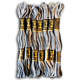 12 Skeins Anchor Black White Grey Variegated Mix Multi Colour Stranded Cotton Embroidery Threads Cross Stitch Threads 100% Cotton, (Shade No. 02526) UK