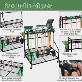 zaygyize Garden Tool Organizer,Garden Tool Cart,Garden Tool Organizer for Garage, Garden Tool Rack, Up to 93 Long Handled Tools, Yard Tool Holder for Garage, Shed, Outdoor, Tool Stand, Black