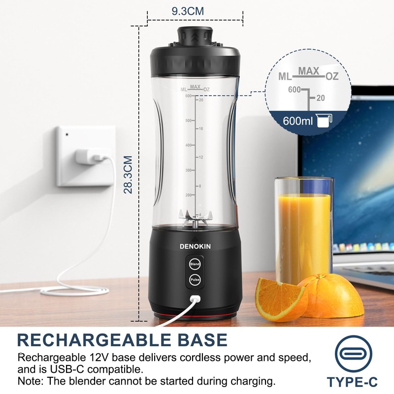 DENOKIN Portable Blender Cordless, 20oz Vessel Personal Blender for Shakes
