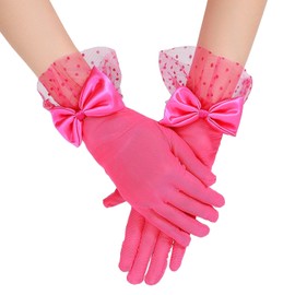 MIREAZW Women's Lace Gloves Tea Party Gloves With Sheer Bow Short Princess Wedding Evening Costume Accessories Hot Pink