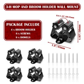 3-H Mop and Broom Holder Wall Mount 4 pack, Broom Holder,Broom Clips for Cleaning Room Garden House Kitchen Bathroom Closet (black)