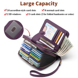 GAEKEAO Leather Credit Card Holder Wallet for Women RFID Blocking Large Capacity Bifold Zipper Card Case Organizer with Wristlet 32 Slots