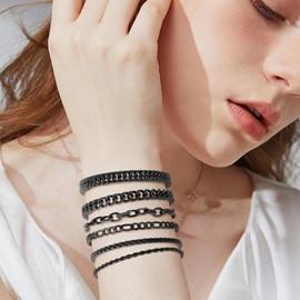 XIANNVXI 6 Pcs Bracelets for Men Black Bracelets for Men Women Stainless Steel Bracelet Cuban Chain Metal Link Bracelet Rope Bracelets Set 6.5 Inches