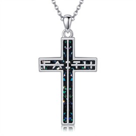 URONE Cross Necklace Sterling Silver Religious Cross Abalone Shell Pendant Christian Faith Jewelry for Women Men
