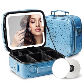 MOMIRA Travel Makeup Bag Cosmetic Bag with Lighted Mirror, Adjustable Brightness in 3 Color Scenarios/Detachable makeup mirror, 2024-All-round Upgrade, Waterproof, Gift for Women -Glett Blue