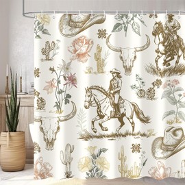 Aeyadis Western Cowboy Shower Curtain, Southwestern Vintage Horse Cactus Desert Cow Skull Bull Bath Curtain, Rustic Bathroom Decor Fabric with 12 Hooks, 72 x 72 Inch